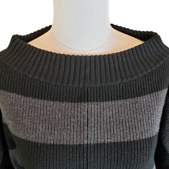 Tory Burch Heavy Warm 100% Wool Oversize Sweater Black Gray Wide Stripe M - Picture 2 of 14